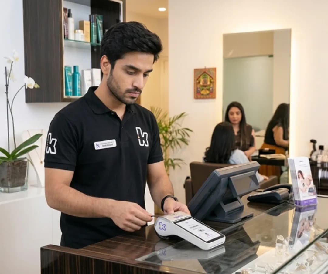 Salon staff member using a Keenu device connected to the existing setup at the counter