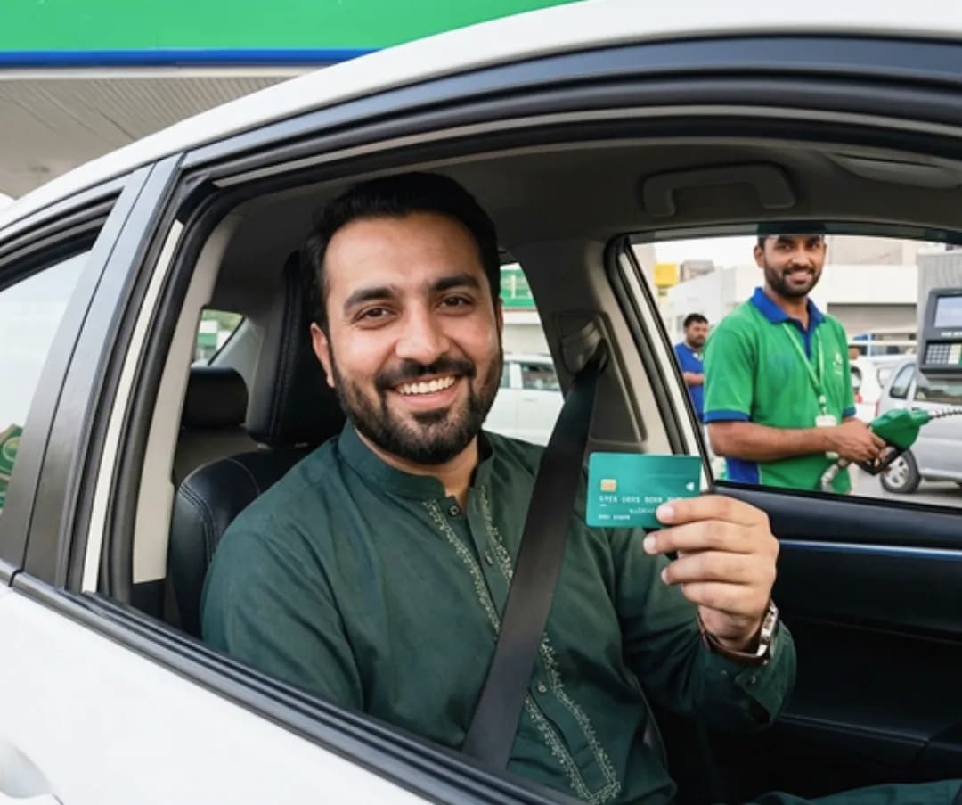 Customer in a car holding up a fuel payment card while a Keenu attendant assists at the pump