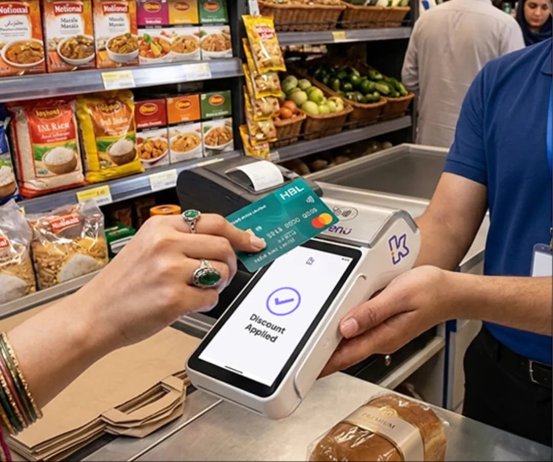 Customer's phone showing a discount applied during a card payment at a grocery checkout
