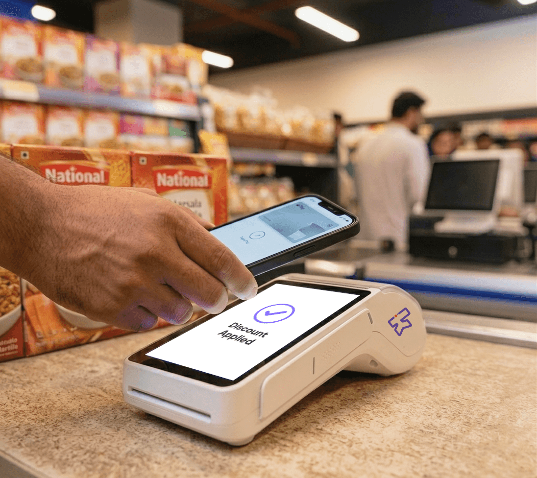 Keenu point-of-sale terminal running at a busy grocery store checkout counter