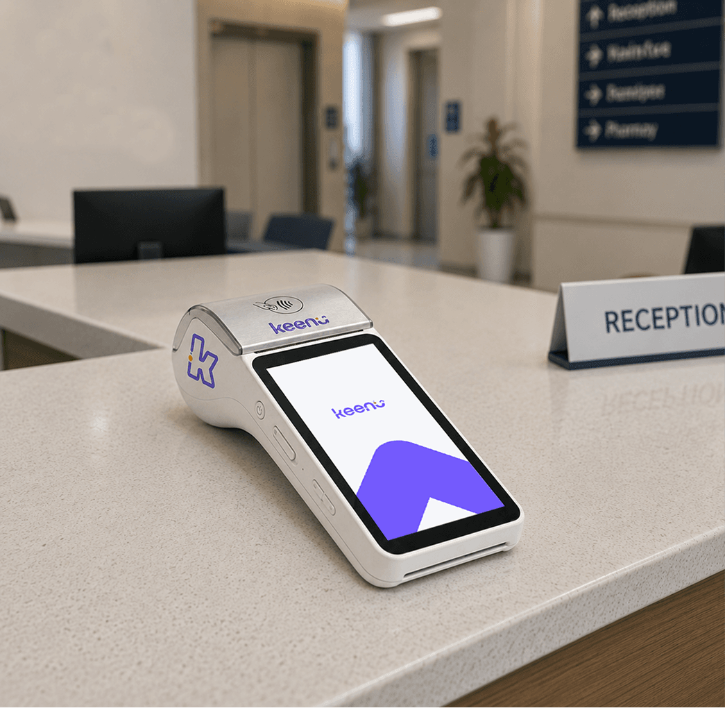 Patient tapping a card on a Keenu terminal for fast checkout at a healthcare counter