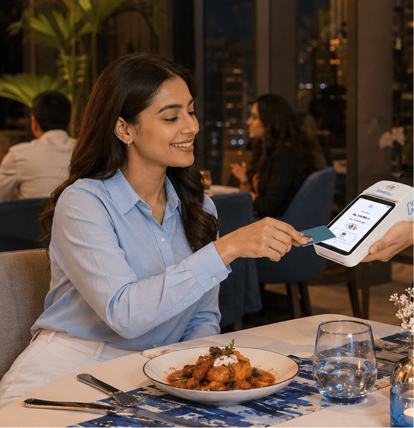 Customer paying with a Keenu card machine at a restaurant table beside a meal