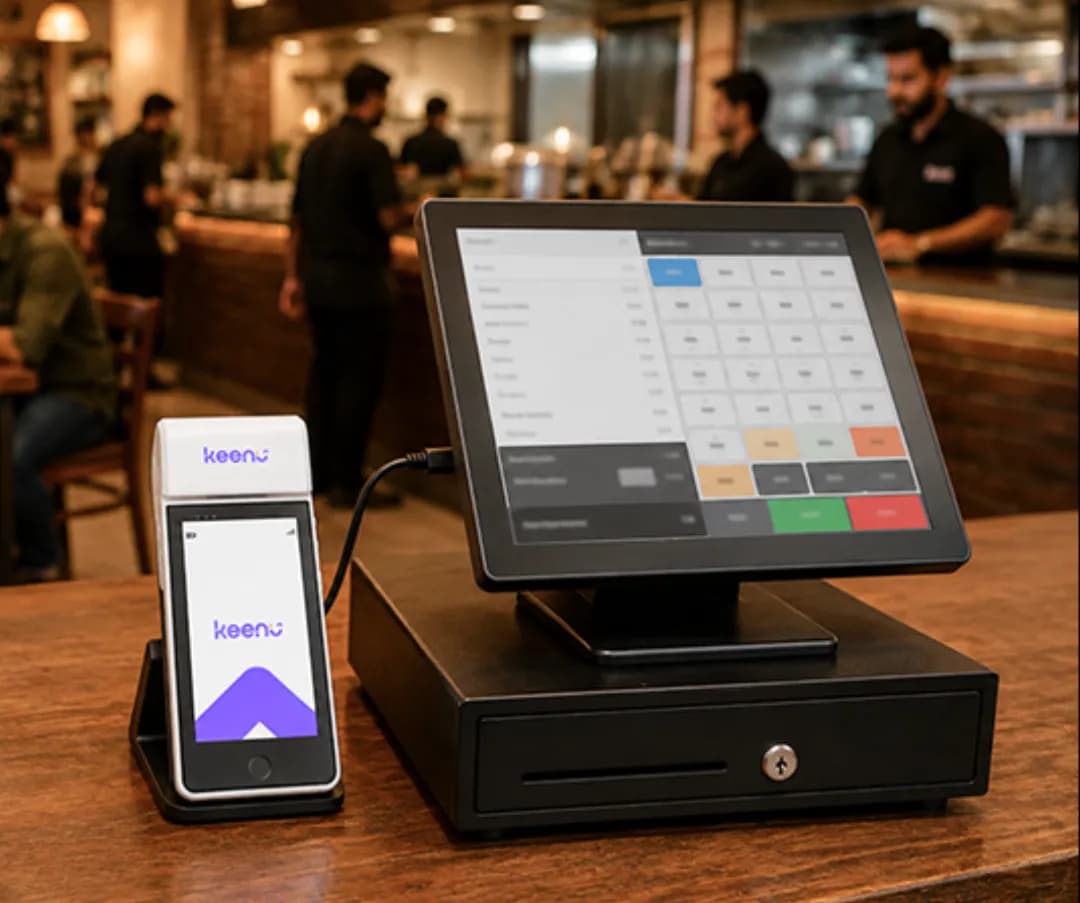 Keenu card machine docked alongside the existing ECR setup at a restaurant counter