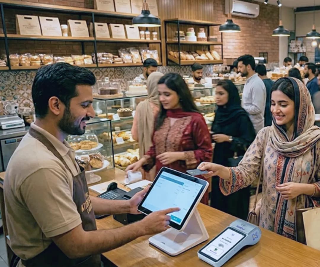 Cashier serving customers at the counter of a busy retail store during peak hours