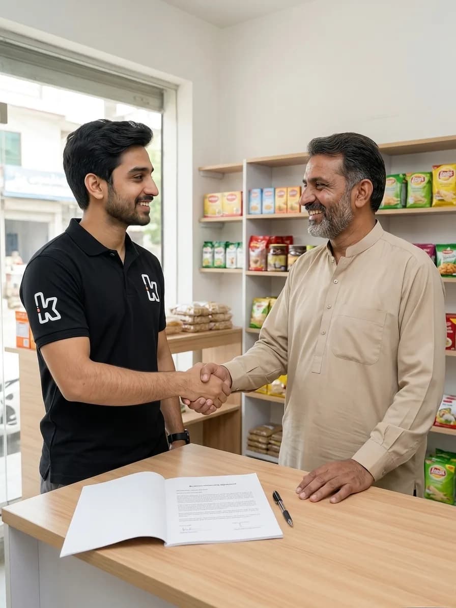 Keenu representative shaking hands with a shop owner in a grocery store