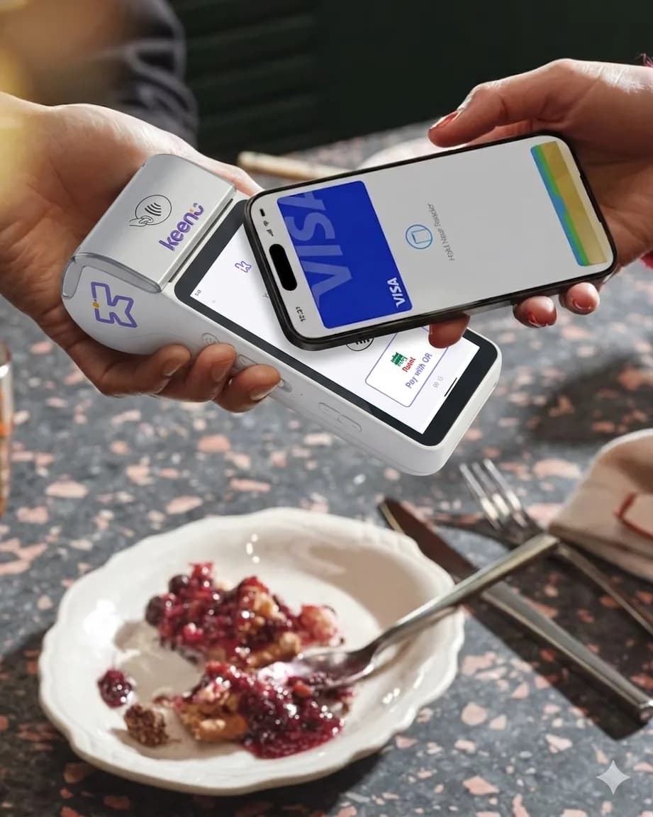 Customer tapping a Visa card on a handheld Keenu card reader